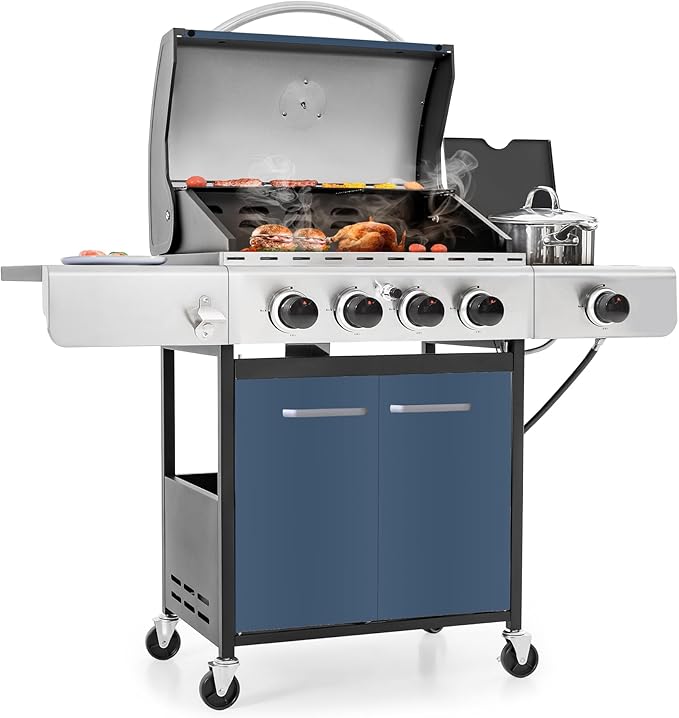 MFSTUDIO 4 Burner BBQ Gas Grill with Side Burner Propane Grills with Porcelain-Enameled Cast Iron Grates 42000 BTU for Outdoor Backyard Barbecue Cooking Blue