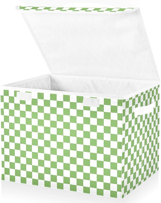 Light Green White Checkerboard Storage Baskets Lidded Bin Foldable Storage Boxes Cubes Lids with 2 Handles for Organizing Closet Home Office