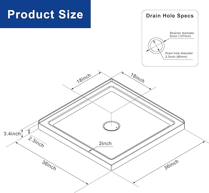 Shower panGoodyo 36 x 36 Shower Base with Double Threshold and Center Drain White Drain not Included