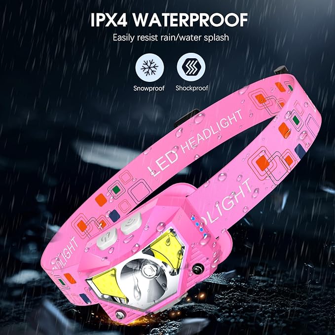 LHKNL Headlamp Flashlight High Lumen Bright LED Rechargeable Headlight with White Red Light 2-Pack Waterproof Motion Sensor Head Lamp 8 Mode for Camping Running Hiking Fishing Gear- Pink