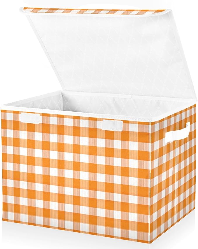 Orange Gingham Checkered Storage Box with Lid 1 PC Foldable Storage Bin with Lids Stackable Storage Bins Cube Closet Organizer Basket with Flip-Top Lid &amp Handles for Shoes Books Towels