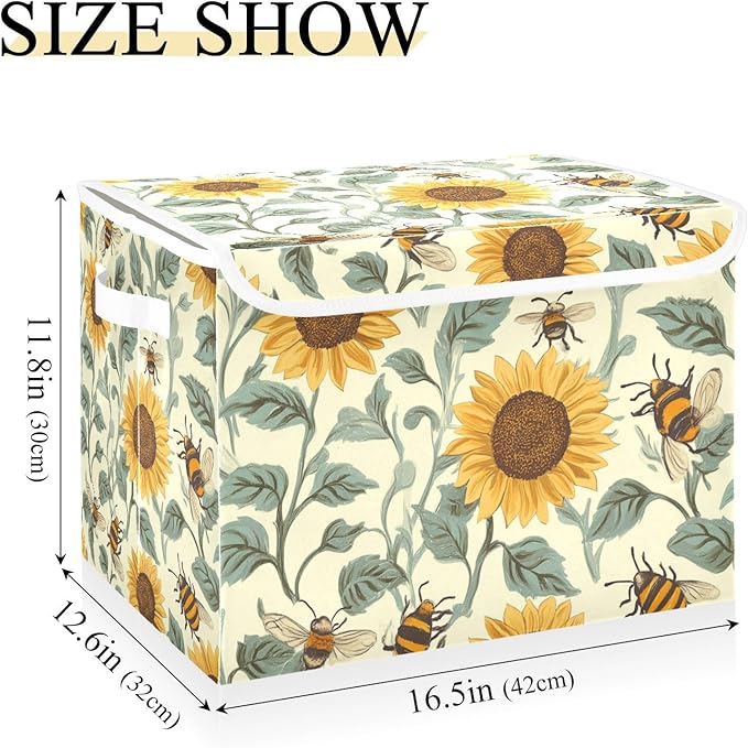 Collapsible Storage Bins with Lids Decorative Fabric Storage Cubes Closet Organizer and Storage Basket Boxes Containers for Clothes Box Chest Nursery Folding Rectangle Beige Bees Sunflower