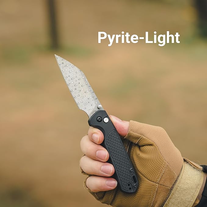 CJRB Pyrite-Light Pocket Knife 3.34'' Damascus Steel Blade Folding Knife with Pocket Clip Pocket Knife for Men Women Sharp Camping Hiking EDC Knives J1945D