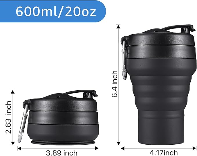Collapsible Coffee Cup 2 Pack 20 OZ 600ml Silicone Travel Folding Cup Leak Proof BPA Free Portable Cup Travel mug with Lids for Camping hiking