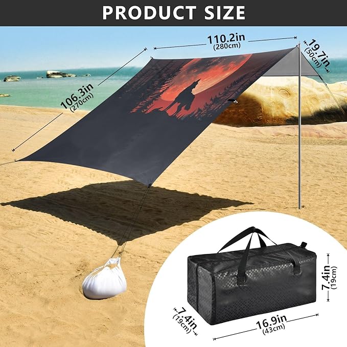 ALAZA Howling Wolf Red Moon Beach Tent Sun Shelter UPF50+ Protection Beach Shade Canopy w/ 4 Sandbags for Outdoor Camping Fishing Backyard Fun Picnic 10x9 ft