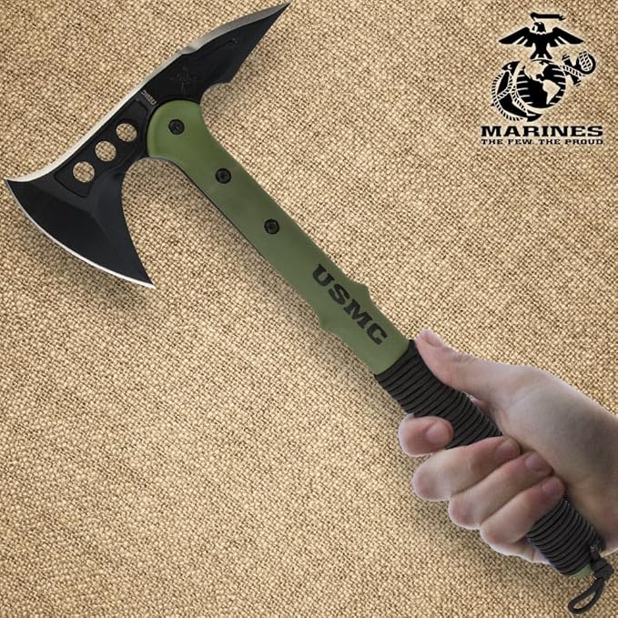 USMC Tactical Tomahawk | 2Cr13 Stainless Steel Head | 3 7/8 Blade and Curved Spike | Fiberglass and Nylon Reinforced Handle | Cord Handle Wrappings | Custom Blade Sheath | 15 1/2 Overall Length