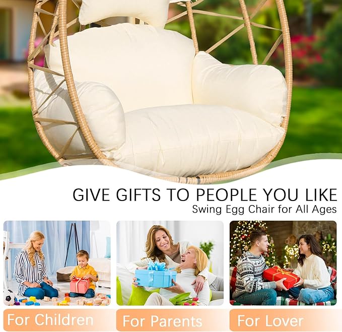 Hanging Egg Chair Swing with Stand Patio Wicker Hanging Chair Webbing &amp PE Rattan Weaving Thickened UV Resistant Cushion &amp Alloy Steel Frame 380lbs Capacity for Patio Bedroom Balcony (YB)