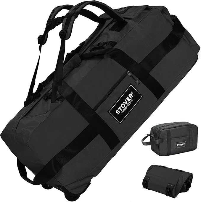 STOVER 45/80/100L Rolling Duffel Bag with Wheels X-Large Durable Travel Duffle + Toiletry Bag Heavy Duty Packable with Shoulder Straps- Use as Luggage or Backpack Men/Women (Black)
