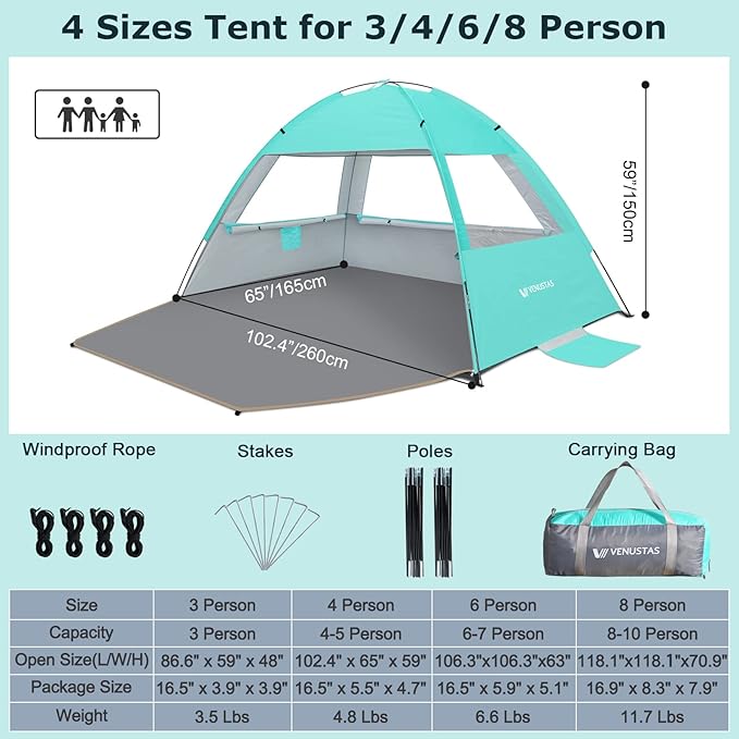 Venustas Beach Tent Sun Shelter for 3/4/6/8 Person UPF 50+ UV Protection Beach Canopy Lightweight and Easy Setup Cabana Portable Shade Tent
