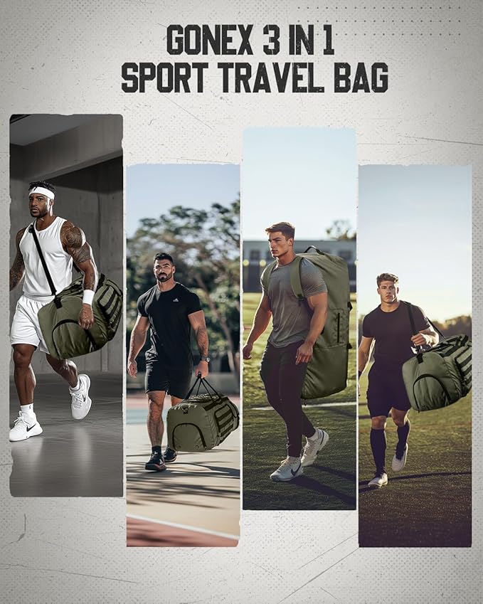 Gonex 130L Extra Large Duffel Bag for Men Heavy Duty 3 in 1 Convertible Carry Travel Duffle with Shoe Compartment Tactical Loops Sports Gear Bag for Family Trips (Army Green)