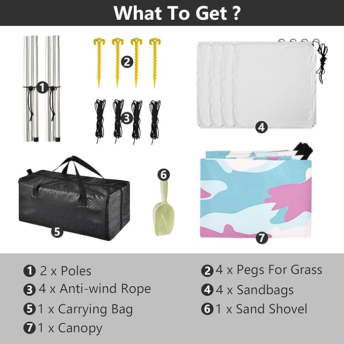 Sky Blue Foldable Beach Canopy UPF50+ Lightweight Portable Sun Shelter with Sandbags &amp Sand Shovel for Backyard and Camping