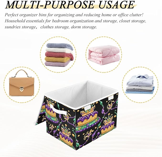 Christmas Storage Baskets with Lids Mardi Gras Carnival Cake Collapsible Bins Stackable Fabric Linen Baskets Closet Organizer Container 16.5x12.6x11.8