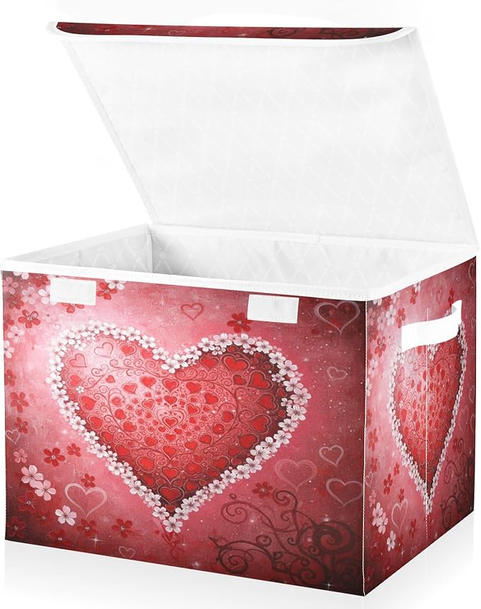 senya Valentines Baskets Collapsible Storage Bins with Lids Love Heart Floral Heart Storage Boxes Clothes Baskets for Organizing