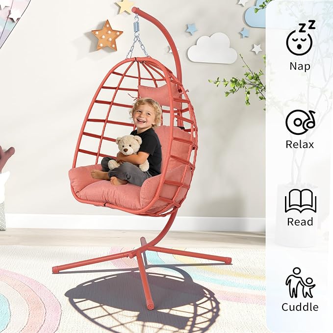 Hanging Egg Chair with Stand Outdoor Indoor Patio Rattan Swing Hammock Chairs with Washable Cushion 350lbs Capacity PE Wicker Swing Chair for Backyard Bedroom Garden (Orange + Orange Cushion)