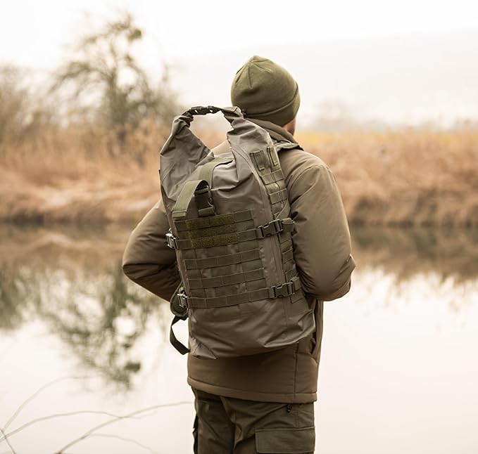 Mil-Tec Unisex 30L Tactical Seals Dry Bag - Secure Rugged Durable Waterproof Outdoor Kayaking Boating Camping Hiking MOLLE Backpack with Adjustable Wide Shoulder Straps &amp Padded Back Olive Drab