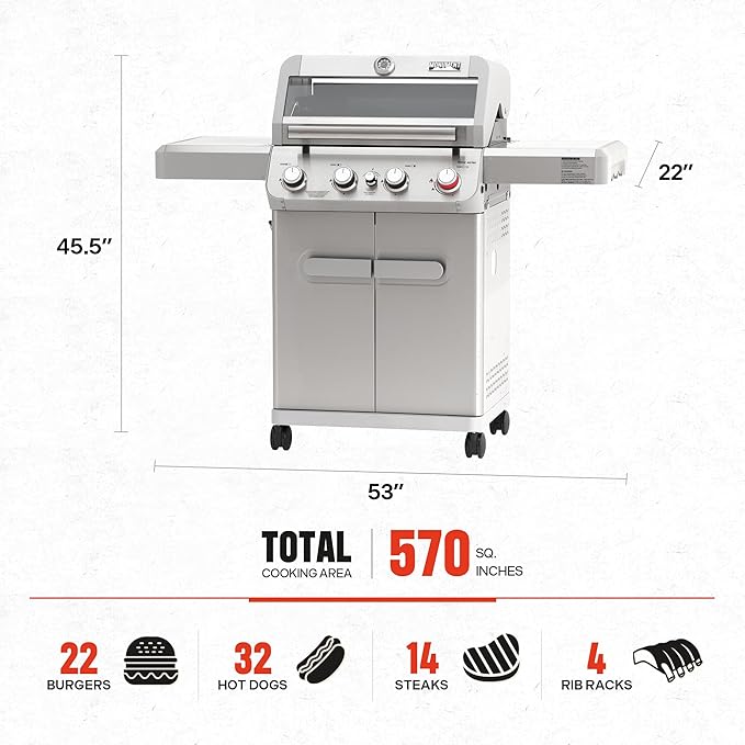 Monument Grills 4 Burner Propane Gas Grill Stainless Steel Outdoor Patio Barbecue Grill with Broil Zone Fast Heating Knob Control and Easy Cleanup M410MBZ