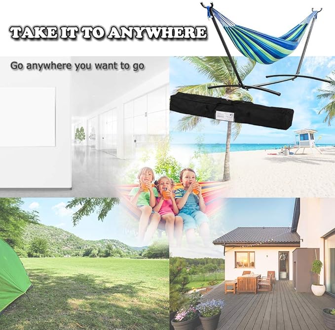Hammock and Stand Heavy Duty Portable Solid Steel Stand with Carrying Case Adjustable 9Ft Indoor-Outdoor 2 Person Large Weather Resistant Hammock Stands for Backyard Decor Bed Patio Lawn Garde Blue