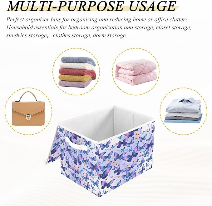 MNSRUU Containers Baskets with Lids Butterflies Fabric Foldable Storage Bins Organizer with Lid Collapsible Storage Boxes for Home Bedroom Closet Office