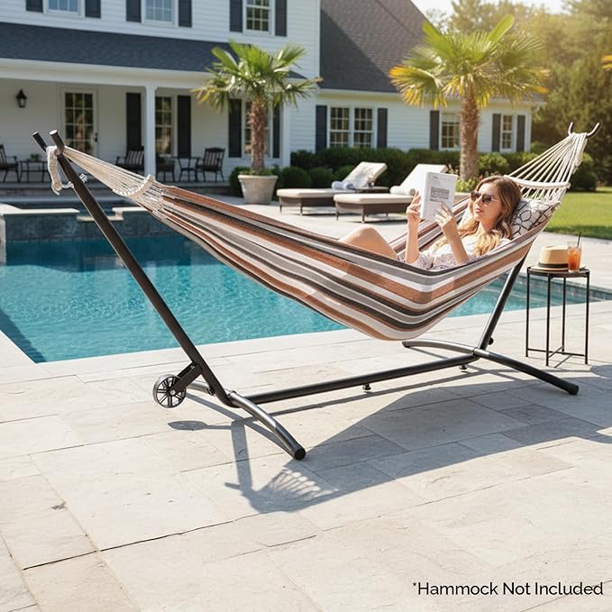 ONCLOUD Upgraded Reinforced 9 FT Hammock Stand Only Easy to Remove w/Wheel Heavy Duty Hammock Stand with Carrying Case Universal Hammock Stand for Outsides Yard (Black w/Wheel)