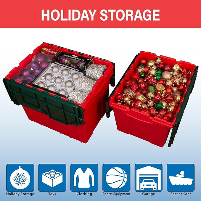 Akro-Mils KeepBox 12 Gallon Storage Container Nesting and Stackable Plastic Storage Box with Lid Attached Organizer Tote for Garages Closets and Moving 21-1/2 x 15 x 12-1/2 Red/Green
