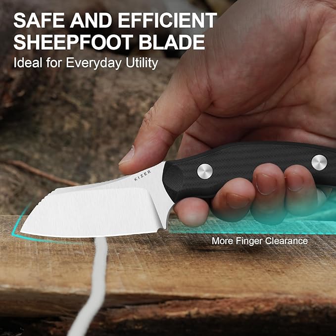 Kizer Bulldog Fix Fixed Blade Knife 2.97 Sheepsfoot 14C28N Blade Hunting Knife with Sheath Black G10 One-Piece Handle EDC Camping Knives for Outdoor Survival 1116A3
