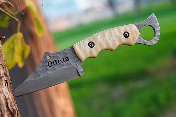 Ottoza Small Seax Tactical Knife with Fixed Blade - Durable Outdoor EDC Knife with Leather Sheath Horizontal Carry - Bone Handle 386