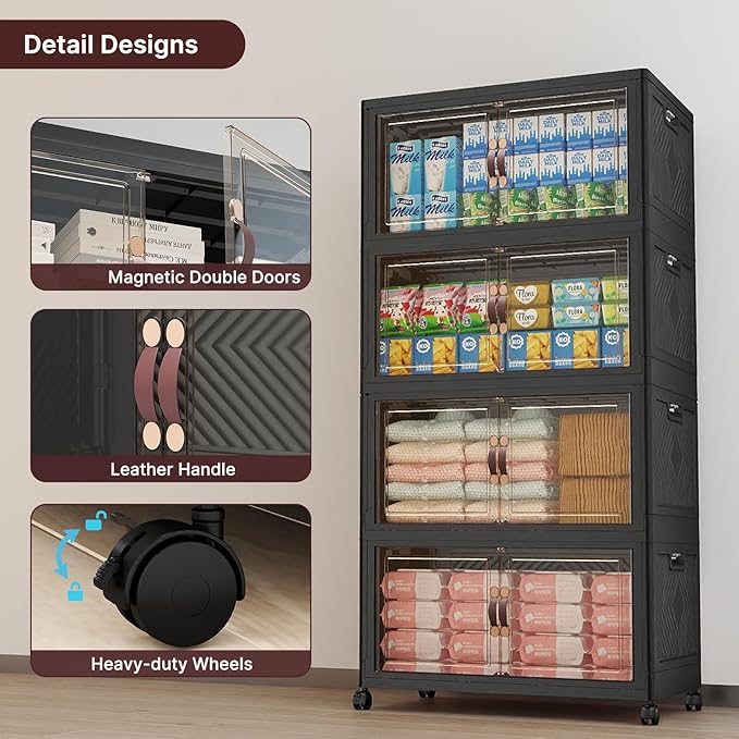 UAMFURI Stackable Storage Bins with Lids 480QT Closet Organizers Lockable Storage CabinetFoldable Storage Box with Doors and Wheels Plastic Drawers for Home Garage Office (4 Black Large)