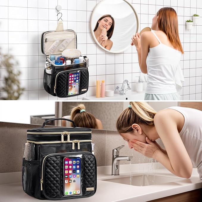 Large Leather Toiletry Bag for Women MenBathroom BagWater Resistant Shower BagMakeup BagPortable Shower Caddy for College DormHanging Travel Toiletry Bag with Transparent Waterproof Phone Pocket
