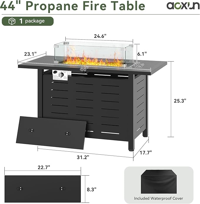 Aoxun 44 Propane Fire Pit Table– 60000 BTU Outdoor Gas Fire Pits with Removable Lid &amp Waterproof Cover Lava Rocks Rectangle Gas Firepit Table for Outside Patio Black