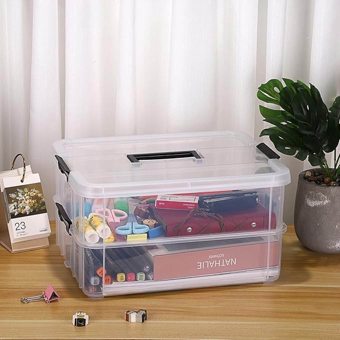 JUXYES 2-Tiers Stack Carry Storage Box With Handle Transparent Stackable Storage Bin With Handle Lid Latching Storage Container for School &amp Office Supplies