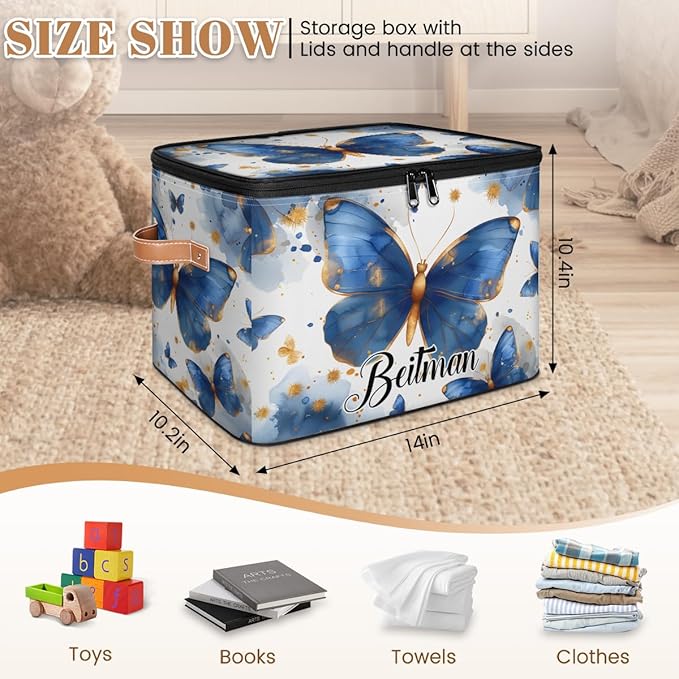 Storage-Bins with Lids Handle Customized Stackable-Storage-Bin for Kids-Boys-Girls-Toys Cube Collapsibl Basket Blue Butterflies