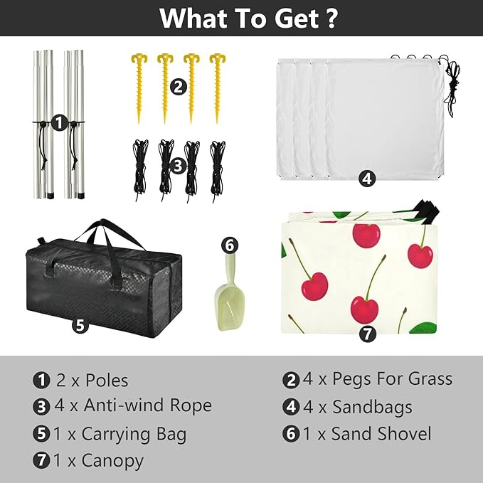 xigua Red Cherries Beach Tent Sun Shelter with Carrying Bag - Silver Coated Oxford Fabric Beach Canopy for Beach Camping Fishing - Includes Windproof Ropes Sandbags &amp Stakes