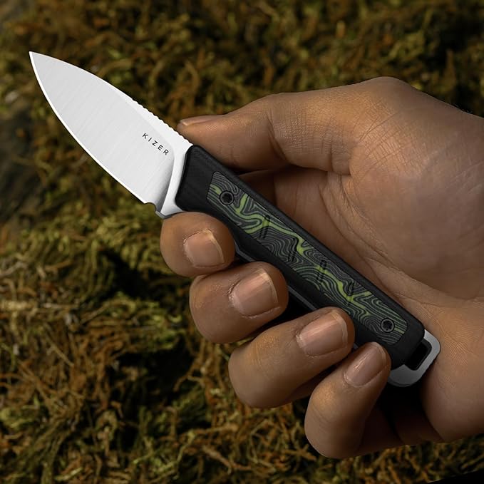 Kizer Whiskey Jack Fixed Blade Knife 2.06 Drop Point AEB-L Blade Hunting Knife with Kydex Sheath Black &amp Green G10 &amp Damascus G10 Handle EDC Knives for Camping Survival 1108A3