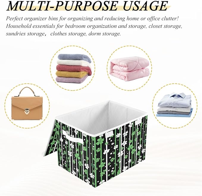 Christmas Storage Baskets with Lids Shamrock Stripes Collapsible Bins Stackable Fabric Linen Baskets Closet Organizer Container 16.5x12.6x11.8