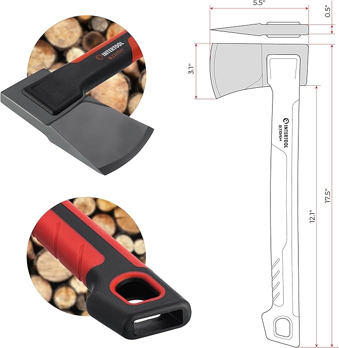 INTERTOOL Long Hatchet Camping Axe for Wood Chopping and Kindling - 18 Ax Tool for Splitting Firewood &amp Outdoor Survival Gardening Hiking with Shock Absorbing Anti-Slip Handle &amp Sheath - HT