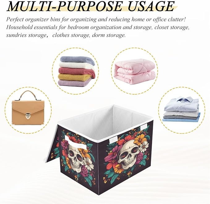 senya Large Storage Bins with Linen Halloween Skull Flower Collapsible Foldable Storage Cubes Fabric Closet Organizer Containers Box with Flip-Top Lid for Home Bedroom Office 16.7 x 12.6 x 11.8in