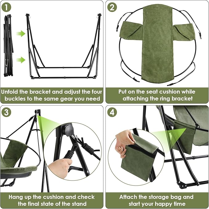 Arlopu 3 in 1 Portable Hammock with Steel StandFoldable PU Leather Swing Chair6-Level Standing Hammocks Included Carrying BagSide PocketPillowfor OutsideIndoorYardGardenPatioCamping(Green)