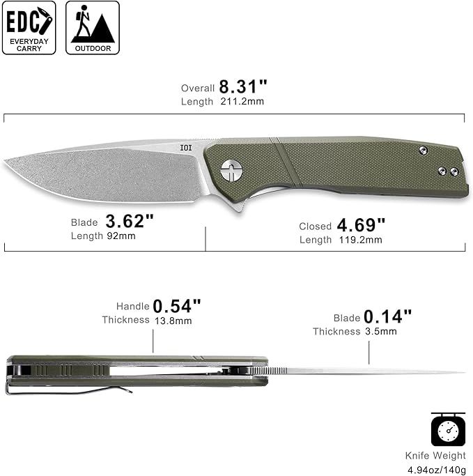 IOI Task Force I51484 Pocket Knife for Men – Folding Knife with 14C28N Stonewashed Blade G10 Handle EDC Pocket Knife with Clip Enhanced with Custom Left-Side Clip for Everyday Carry &amp Camping