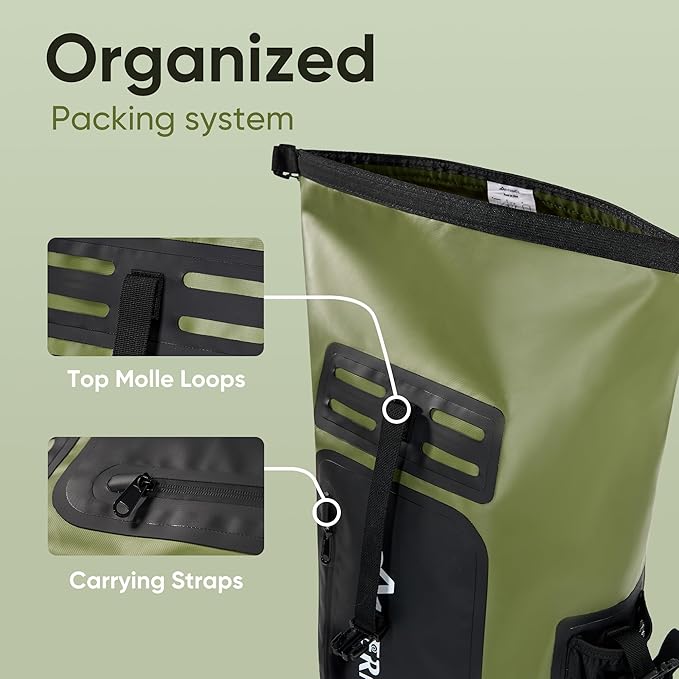 Dry Bag Waterproof Backpack 35L for Men &amp Women Roll-Top Hiking Backpack with IPX8 Waterproof Phone Case for Kayaking Boating Cushioned Padded Back Green