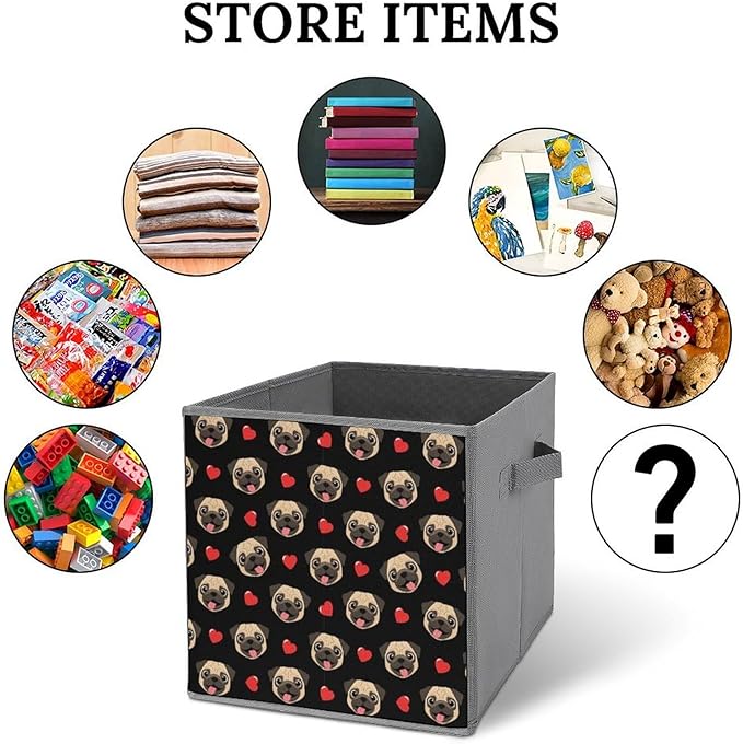 Space-Saving Fabric Storage Cubes Puppy Dog Pugs Gifts Pug Lovers Collapsible Baskets with Handles Stylish Storage Solution for Home