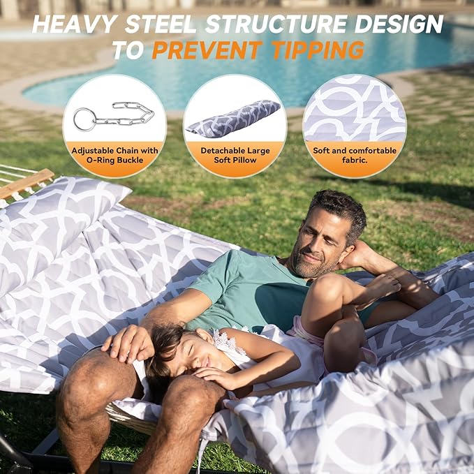 Everyfun 2 Person Outdoor Hammock with Stand Cotton Rope Hammock with Polyester Pad Adjustable Steel Frame Portable with Carrying Bag – for Patio Backyard Garden Beach White-Gray