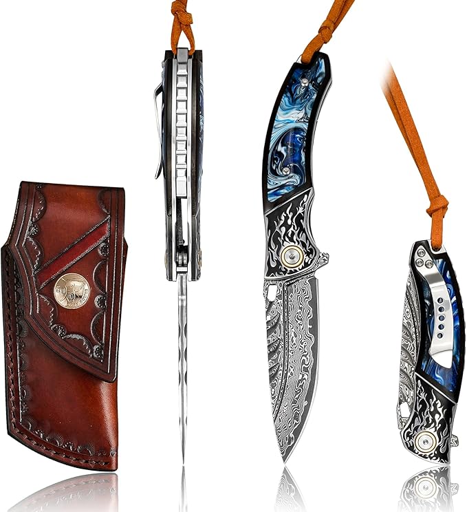 VNLA Handmade Damascus steel Folding Pocket knife. VG10 steel core men and women Folding knifeWith Leather sheathLining lockEbony inlaid with resin HandleEDC outdoor camping