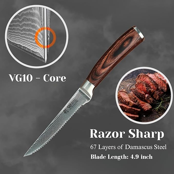 Wakoli EDIB 4-Piece Damascus Steak Knife Set – Professional Dining Kitchen Knives with VG10 Core Blades 67-Layer Damascus Steel &amp Ergonomic Pakkawood Handles – Premium Steak Cutlery in Gift Box