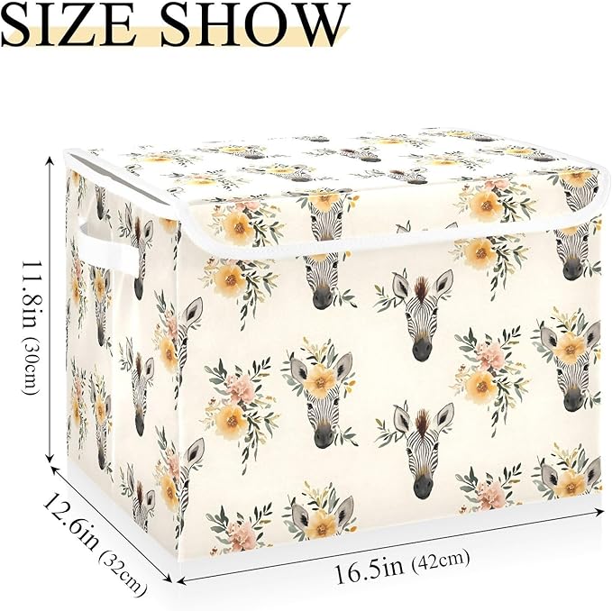 Storage Cube with Lid Zebra Flowers Print 16.5×12.6×11.8 IN 1 Pack Collapsible Large Capacity Foldable Storage Basket Bin Organizer
