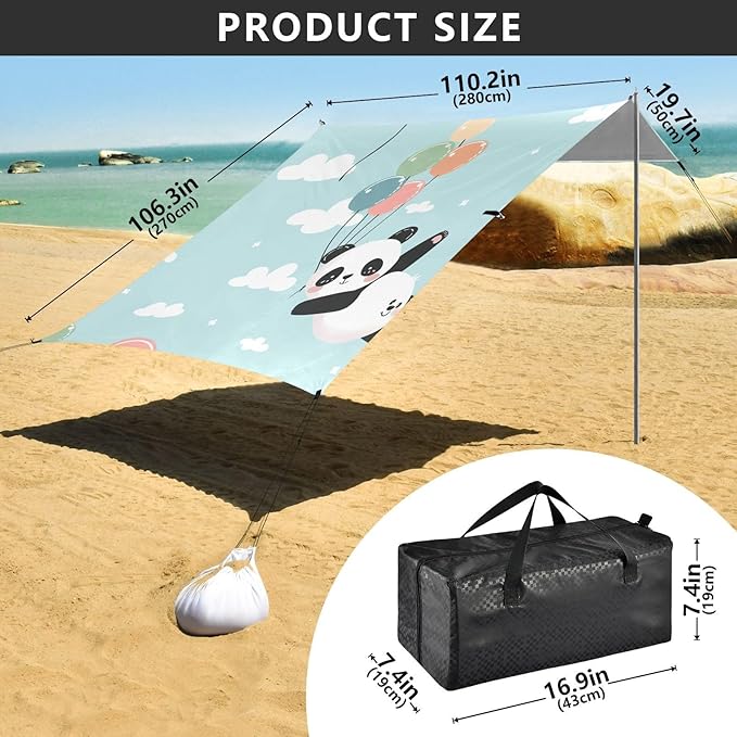 ALAZA Cute Panda with Balloon Cloud Sky Beach Tent Sun Shelter Portable Canopy Sunshade for Outdoor Camping Picnics Backyard Fun 10x9 ft