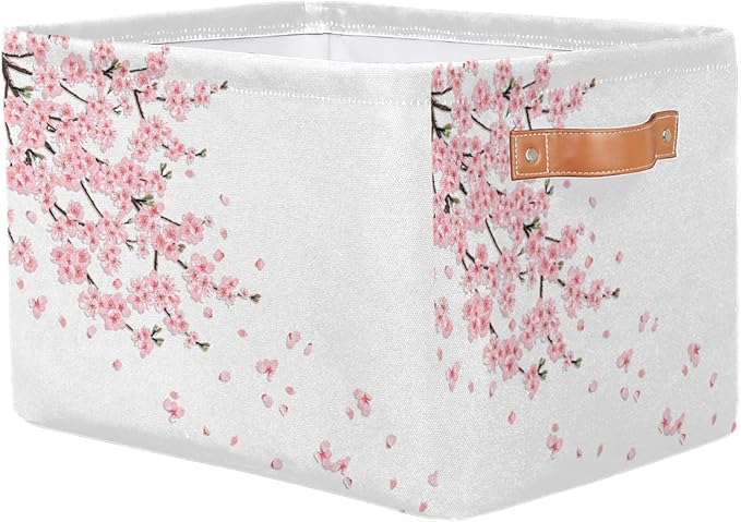 Basket Storage Bins Japanese Cherry Blossoms Rectangle Cube Basket Box Kids Girls Boys Toys Organizer Beaket Decor Foldable with Handle for Living Room Bedroom Closet Nursery Office Shelf Gifts