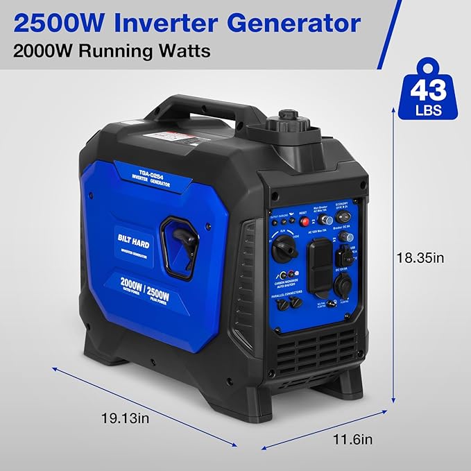 BILT HARD Gas Generator 2500W 80cc 4 Stroke Quiet Inverter Generator with CO Sensor Parallel Ready120V AC Duplex Receptacle and 12V DC Output Outdoor Generators for Camping Home Use 49-State