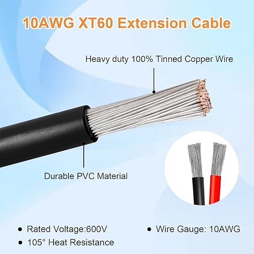 10AWG 35FT XT60 Solar Extension Cable 2 3 6 10 15 20 25 35 40 50 75 100FT XT60 Solar Extension Connector Adapter Thicker Cable Female to Male for Portable Power Station Solar Panel RC LiFePO4 Battery