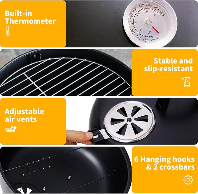 16 inch Vertical Charcoal Smoker Mini BBQ Grill Fire Pit 3-in-1 with Built-in Thermometer Adjustable Air Vent Idea for Parties Backyard Patio Camping