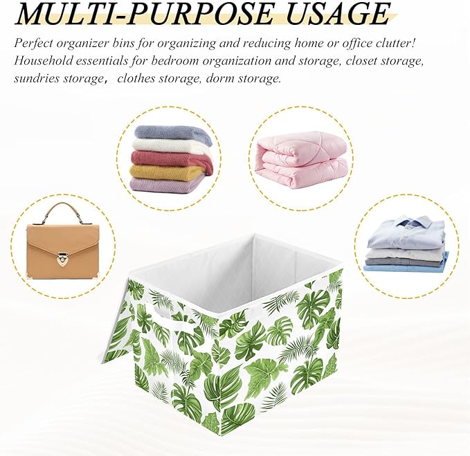 Tropical Leaves Fabric Storage Bins with Lids and HandleFoldable Storage Bins with LidsCloset Organizers for Clothes Storage Room Organization Office Storage Chest Organizer